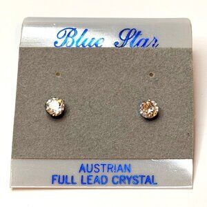 Blue Star Austrian Full Lead Crystal Earrings Vintage Studs Silver Tone NOS